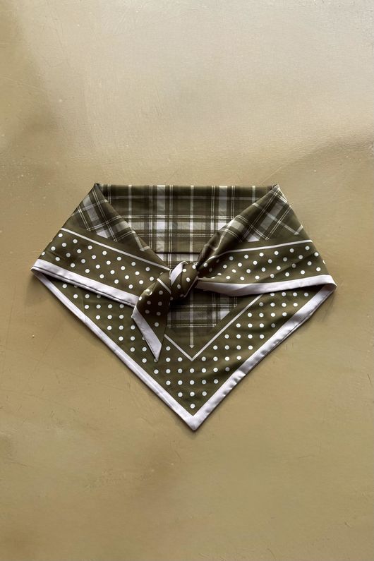 Plaid & Polka Border Triangle Silk Neckerchief Olive
